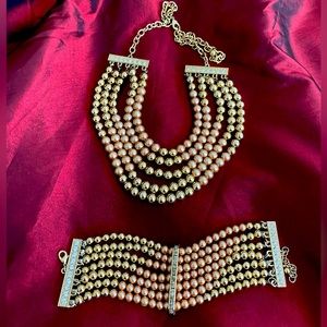 Five Layered Faux Pearl Necklace and Bracelet Set